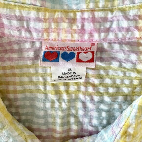 American Sweetheart Shirt Womens XL White Pastel Plaid Easter Seersucker Button - Picture 14 of 14